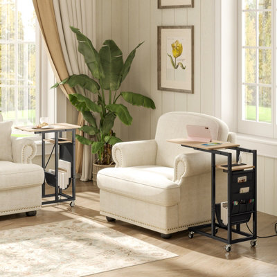 COSTWAY C-shaped Couch Side Table with Charging Station Rolling Bedside Table