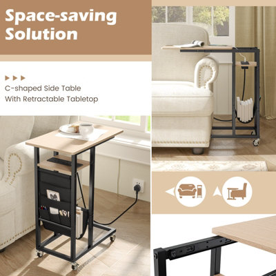 COSTWAY C-shaped Couch Side Table with Charging Station Rolling Bedside Table