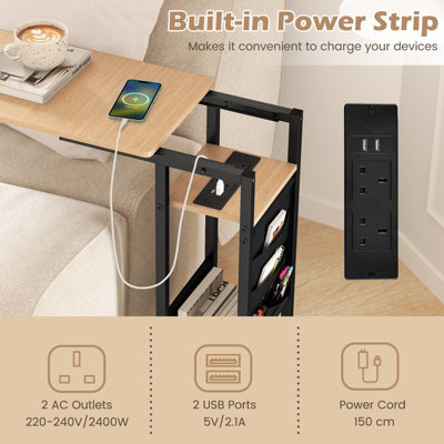 COSTWAY C-shaped Couch Side Table with Charging Station Rolling Bedside Table