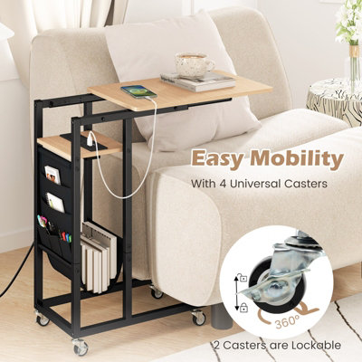 COSTWAY C-shaped Couch Side Table with Charging Station Rolling Bedside Table