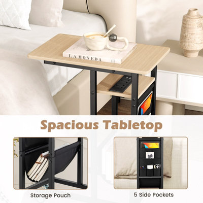 COSTWAY C-shaped Couch Side Table with Charging Station Rolling Bedside Table