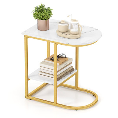 COSTWAY C-shaped End Table Modern Sofa Side Table with Storage Shelf-White