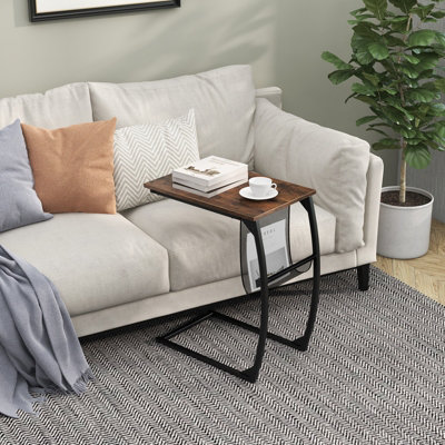 COSTWAY C-Shaped Side Table Metal Frame End Table with Mesh Storage Bag