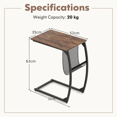 COSTWAY C-Shaped Side Table Metal Frame End Table with Mesh Storage Bag