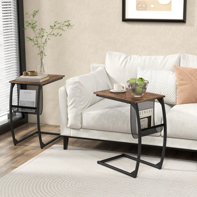 COSTWAY C-Shaped Side Table Metal Frame End Table with Mesh Storage Bag