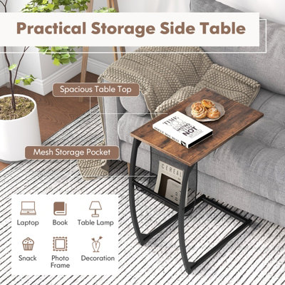 COSTWAY C-Shaped Side Table Metal Frame End Table with Mesh Storage Bag