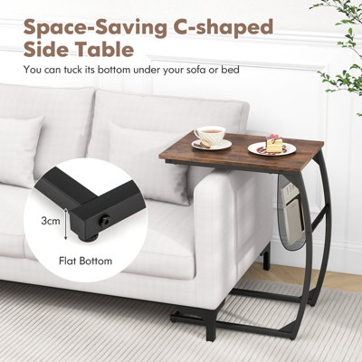 COSTWAY C-Shaped Side Table Metal Frame End Table with Mesh Storage Bag