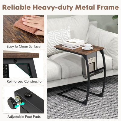COSTWAY C-Shaped Side Table Metal Frame End Table with Mesh Storage Bag