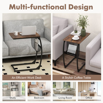 COSTWAY C-Shaped Side Table Metal Frame End Table with Mesh Storage Bag