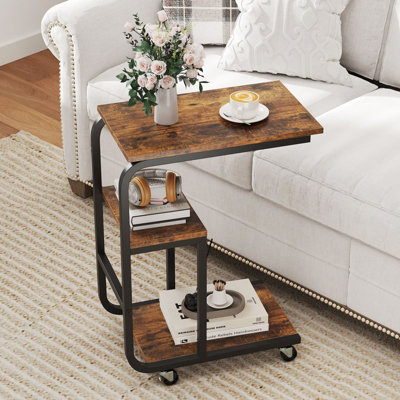 COSTWAY C-shaped Sofa Side Table with Lockable Casters Metal Frame