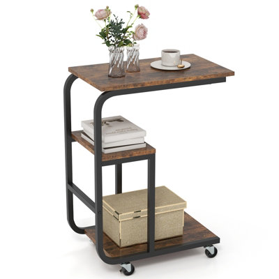 COSTWAY C-shaped Sofa Side Table with Lockable Casters Metal Frame
