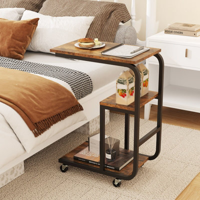 COSTWAY C-shaped Sofa Side Table with Lockable Casters Metal Frame