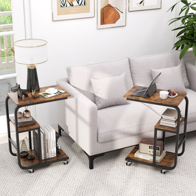 COSTWAY C-shaped Sofa Side Table with Lockable Casters Metal Frame