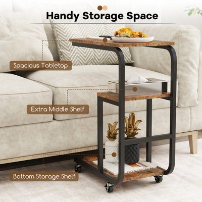 COSTWAY C-shaped Sofa Side Table with Lockable Casters Metal Frame