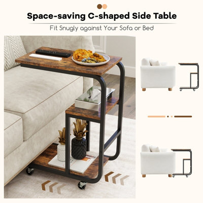 COSTWAY C-shaped Sofa Side Table with Lockable Casters Metal Frame