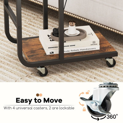 COSTWAY C-shaped Sofa Side Table with Lockable Casters Metal Frame