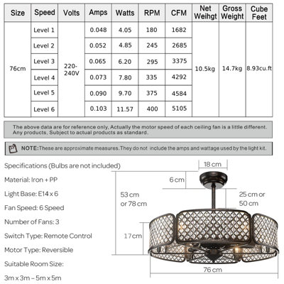 Costway Caged Ceiling Fan Crystal Ceiling Fan Light w/ 6 Gear Speeds & 3 Fan Blades