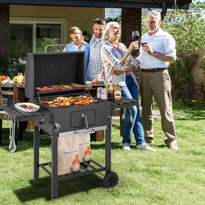 Costway Camping Charcoal Grill BBQ Smoker Combo w/2 Wheels & 2 Foldable Side Tables - 3