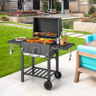 Costway Camping Charcoal Grill BBQ Smoker Combo w/2 Wheels & 2 Foldable Side Tables - 4