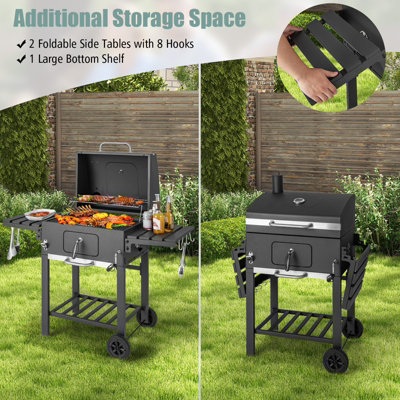 Costway Camping Charcoal Grill BBQ Smoker Combo w/2 Wheels & 2 Foldable Side Tables - 6