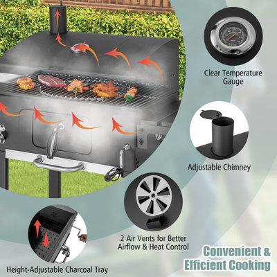 Costway Camping Charcoal Grill BBQ Smoker Combo w/2 Wheels & 2 Foldable Side Tables - 7