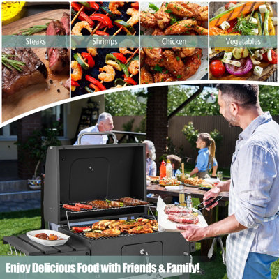 Costway Camping Charcoal Grill BBQ Smoker Combo w/2 Wheels & 2 Foldable Side Tables - 9