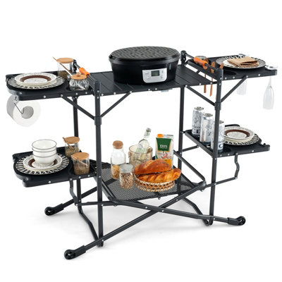 Costway Camping Kitchen Table Folding Outdoor Cooking Station w/ Aluminum Tabletop