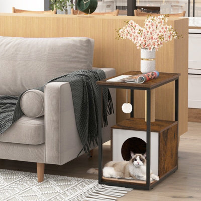Costway Cat House Side Table Kitten Cat Cabinet End Table with Cat Condo