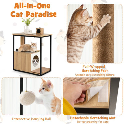 Costway Cat House Side Table Kitten Cat Cabinet End Table with Cat Condo