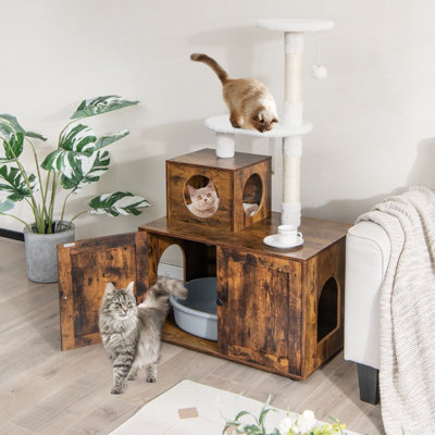 Costway Cat Litter Box Enclosure Enlarged Cat Litter Cabinet w/ Condo & 2 Platforms