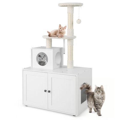 Costway Cat Litter Box Enclosure Enlarged Cat Litter Cabinet w/ Condo & 2 Platforms