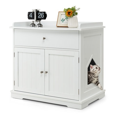 Costway Cat Litter Box Enclosure Hidden Cat Washroom Furniture W Drawer Doors
