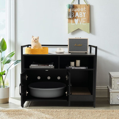 Costway Cat Litter Box Enclosure Hidden Cat Washroom w/ Storage Cabinet & Cat Scratch Pad - 3