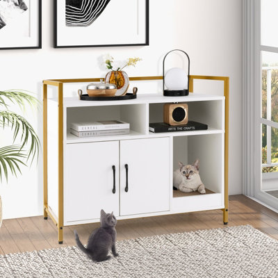 Costway Cat Litter Box Enclosure Hidden Cat Washroom w/ Storage & Cat Scratch Pad - 3