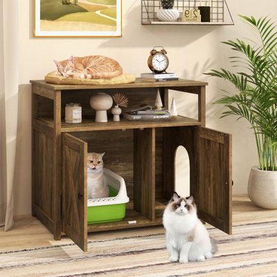 COSTWAY Cat Litter Box Enclosure Wooden Cat House Side Table