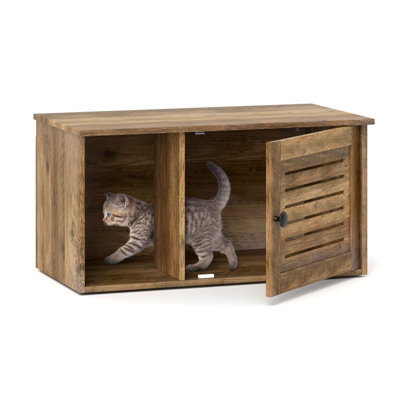 COSTWAY Cat Litter Box Enclosure Wooden Pet Side Table with Winding Entry