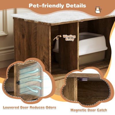 COSTWAY Cat Litter Box Enclosure Wooden Pet Side Table with Winding Entry