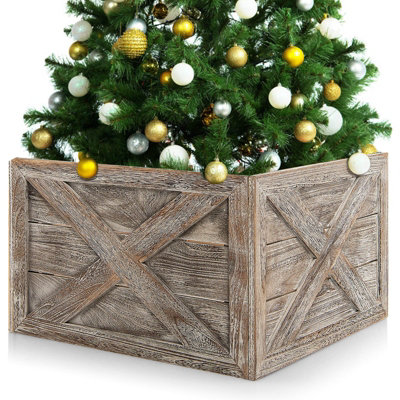 Costway Christmas Tree Collar Box Wooden Tree Box Stand Cover W/ Hook