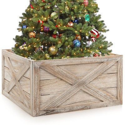 Costway Christmas Tree Collar Box Wooden Tree Box Stand Cover W/ Hook & Loop Fastener