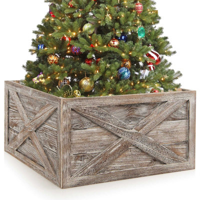 Costway Christmas Tree Collar Box Wooden Tree Box Stand Cover W/ Hook