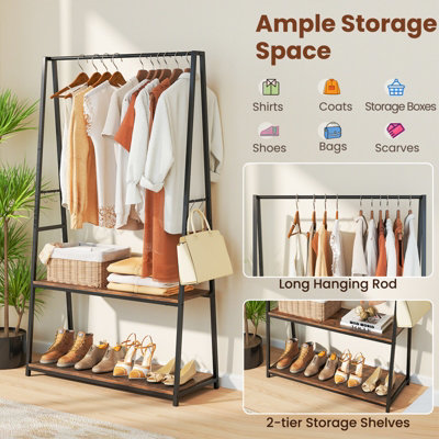 COSTWAY Clothes Rack Home Freestanding Clothes Rack w/ 2 Shelves-Brown