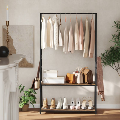 COSTWAY Clothes Rack Home Freestanding Clothes Rack w/ 2 Shelves-Brown