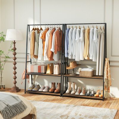 COSTWAY Clothes Rack Home Freestanding Clothes Rack w/ 2 Shelves-Brown