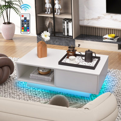 Costway Coffee Table w/LED Lights Modern High Gloss Rectangle Table Remote Control