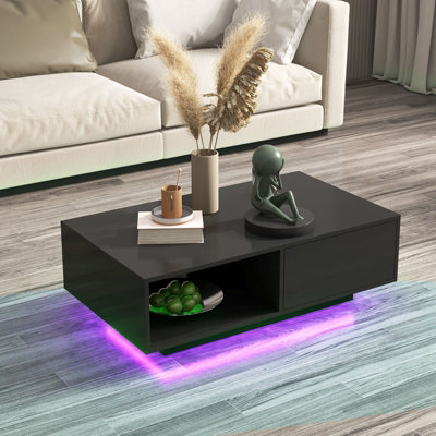 Costway Coffee Table w LED Lights Modern High Gloss Rectangle Table Remote Control