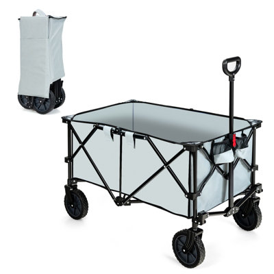 COSTWAY Garden trolley with roller seat and pull-out handle, mobile garden chair with shelf, basket, tool bag and seat cushion, 360° rotatable, height
