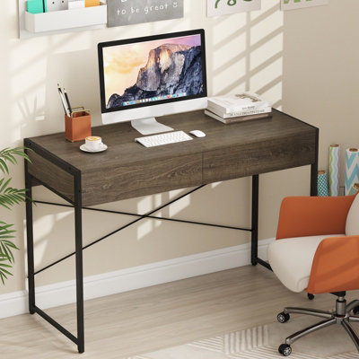 COSTWAY Computer Desk 111 x 48 cm Compact Writing Desk with 2 Drawers-Grey