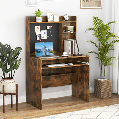 COSTWAY Computer Desk w/ Magnetic Bulletin Board & Hutch & Keyboard Tray 89 x 50 cm Brown