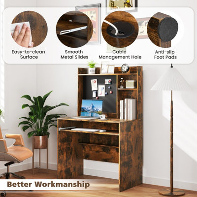 COSTWAY Computer Desk w/ Magnetic Bulletin Board & Hutch & Keyboard ...