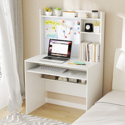 COSTWAY Computer Desk w/ Magnetic Bulletin Board & Hutch & Keyboard Tray 89 x 50 cm White